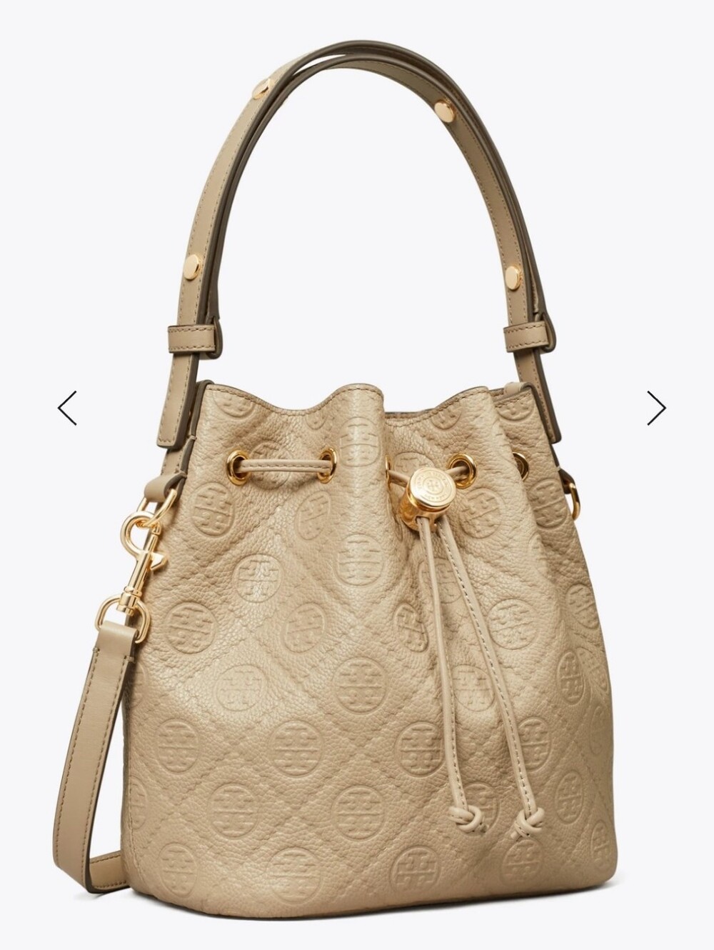Tory Burch T Monogram Embossed Pebbled Bucket Bag with Gold Accents